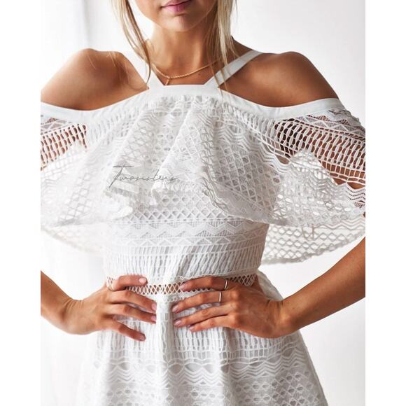 Two Sisters The Label Sheffield Cold Shoulder Bridal Ruffle Lace Midi Dress S - Picture 1 of 10